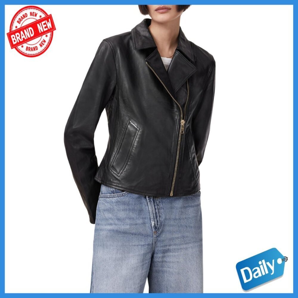 Fitted Lamb Leather Biker Jacket with Asymmetrical Zip Long Sleeve